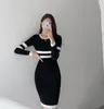 Kış Kadın Çizgili Örgü Mini Elbise Kore Chic Seksi Moda Uzun Kollu Tunik Bodycon Bayanlar Elbiseler O-Boyun 210513