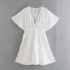 White Short Dresses Woman Summer Floral Cutwork Embroidery Sleeve Women Casual Ruffle Mini 210519