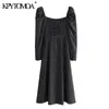 Women Elegant Fashion Polka Dot Front Slit Midi Dress Vintage Puff Sleeve Black Elastic Female Dresses Vestidos 210416