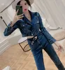 autumn winter Denim Jacket Coat +Denim pants suit Fashion Women Suit Two Piece Sets 210531