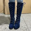 Stivali moda donna retrò al ginocchio in pelle scamosciata tinta unita con tacco quadrato scarpe femminili Roma vintage con lacci donna alta inverno lungo