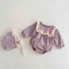 Bebê Primavera Nova Roupas Bebé Bodysuit Lace Ruffled Longa Manga Longa Uma Peça Infantil Meninas Garotas Macacão Outfit com chapéu 210413