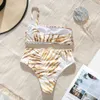Goldblätter Drucken Bikini Frauen Hohe Taille Badeanzug Sexy Bademode Bandeau Push Up Set Badeanzüge Sommer Strand Tragen 210621