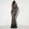 Black Long Sleeve Sequined Maxi Dress Bodycon O Neck Full Length Stretchy Autumn Winter Long Evening Party Dress Black Gold X0521