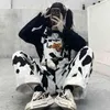 Houzhou Hippie Cow Print Jumpsuits Harajuku Wzorzyste Spodnie Koreański Styl Kombinezony Casual Baggy szerokie nogi Spodnie Wiosna 211124