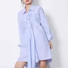 Vestido de perla de remiendo suelto para mujer solapa manga larga camisa rayada irregular vestidos de moda femenina ropa de moda 210520