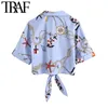 TRAF Women Fashion With Knot Printed Cropped Blouses Vintage Long Sleeve Side Zipper Female Shirts Blusas Chic Tops 210415