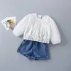 2-7 Years High Quality Spring Girl Clothing Set Fashion Casual Solid Shirt + short Jeans Kid Children Girls 210615