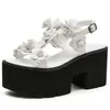 Kleid Schuhe 2021 Marke Schwarz Weiß Plattform Frauen Süße Blumen Gothic Style Chunky Heel Sommer Sandalen High Heels