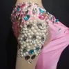 Haute Élastique Rose Robe Patchwork Brillant Perles Moulante DJ Club Party Dancer Costume 210525