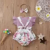 0-18M Sommer Blume geboren Säugling Baby Mädchen Kleidung Set Lila Gestrickte Strampler Insgesamt Shorts Outfits Kostüme 210515