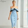 Le ultime donne Sky Blue Sexy Off-Shoulder Ruffled Bodycon Rayon Bandage Dress Elegant Club Party Vestidos 210527