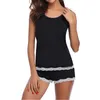 Women's Sleepwear Sexy Satin Pajama Set Black Lace O-Neck Pyjamas Sleeveless Cute Tank Top And Shorts Pijama 210809