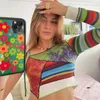 Ribled вязаные заплатыты Y2K Crop Top One рукав летняя мода женская футболка для девочек полосатая повязка повязка рубашка TEE Pullover 210510