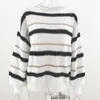 Stickad Sequined Stripe Sweater Vintage Lantern Sleeve Oversized Casual Jumper Höst Vinter Pull Femme 210427