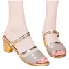 Sandálias quadradas de salto alto senhoras saltos dourados sapatos escorregam e sandalias Mujer