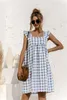 Casual Dresses Summer Women Plaid Dress Square Collar Fjäril