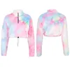 Kvinnor Hoodies Sweatshirts Kvinnor Långärmad Beskuren Sweatshirt Halv Zip Upp Tie-Dye Loose Pullover Crop Top Fuzzy Plush Drawtring Hem St