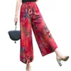 High Quality Women Fashion Elastic Summer Pants Floral Wide Leg Pants Vintage Loose Pants Print Female Plus Size Casual Mid Q0801