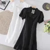 LY VAREY LIN летние женщины повседневная слойная рукава высокая талия белый черный короткое платье элегантный стенд воротник вышивка Cheongsam 210526