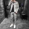 남자 Tracksuits 봄 가을 망 Streewear 캐주얼 세트 패션 슬림 데님 정장 남자 2 조각 세트 싱글 브레스트 자켓 청바지