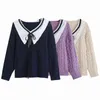 Sweet Women Embroidery Turn Down Collar Sweater Fashion Ladies Bow Lace Knitted Tops Elegant Female Chic Pullover 210427