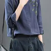 Primavera estilo artístico mujer manga larga algodón Lino camisas sueltas bordado Vintage cuello levantado blusas casuales señoras Tops S653 210512