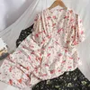 Koreansk Retro-Breasted Puff Sleeve Floral Dress Tunn Elegant Print För Kvinnor Sommar Chiffon Ruffles Beach 210420