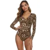 Moda Kobiety Leopard Ol T Shirt Body Elegancki Długi Rękaw Bandaż Romper Ladies Office Lady Body Top Leotard Streetwear Y0927