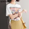 T-shirt con lacci Ragazza Estate Manica corta Cuciture femminili Retro Top stampati Plus Size Chic White Women Tees Shirt S-2XL 210601