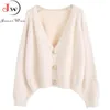 Kobiety Elegancki Z Długim Rękawem Mohair Sweter Cardigan Casual Single-Breasted Krótki Miękki Jesień Zimowy Dzianina Płaszcz Jumper Pull Femme 210510