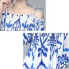 Mode Holiday Blue and White Porslin Tryckt sommar Kvinnor Sexig Bow Tie Strapghetti Strap Elastic Midi Dress 210416