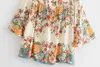 Bohemian Women Lacing Up Square Collar Beige Flower Print Dress Holiday Elastic Back Long Flare Ärm Korta Klänningar 210429