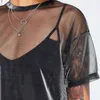 Summer Sexy Mesh Tee See-Through Women Short Sleeve Perspective Shine Casual Tops Lady Vintage Blusa 210607