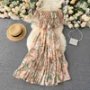 Bohemian Floral Chiffon Midi Jurk Vrouwen Sexy Slash Neck Ruche Korte Mouw A-Lijn vakantie Strand Jurken Boho Chic Robe 210311