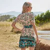 Vintage Boho Mini Dresss Frauen Sommer Mode Böhmischen Blumendruck Kurzarm Tunika Strand Sommerkleid Weiblich 210421