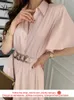 Yitimuceng Long Dresses for Women Summer Button Up Korean Fashion Evening Elegant Midi Dress Simple Office Lady with Belt 210601