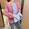 Koreańska moda damska sweter i swetry Patchwork Ruffles dzianina zworka Oversize skoczków skrętki pull femme 210430