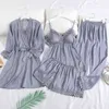 MECHCITIZ Pajamas Satin Women 4PCS Sleep Set Sleepwear Spring Lace Pyjama Sexy V-neck Kimono Bathrobe Gown Nightwear 211112