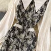 Automne hiver femmes robes patchwork poncé couture col rabattu manches bouffantes robe courte femme robes C035 210506