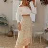 Beige Floral Print Holiday Long Skirt Bohemia Women Elastic High Waist Stitching Wood ears Ruffles Maxi Skirts Beach 210429