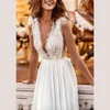 ShenGpllae Elegante Spitze Splitter Kleid Frauen Sommer Tiefe V-Ausschnitt Taille Euleveless Anklie-Länge Kleider Weibliche Flut 210427