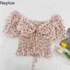 Neploe Summer Shirts Fashion All-Mecz Bluzki Kobiety V-Neck Floral Lace Up Crop Tops Ruffles Plised Bluzka Kobieta 94808 210422