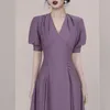 Women's Summer Office Lady Slim Elegant Vintage Dress Sexy V Neck Women Puff Sleeve Purple Vestidos 210520