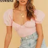 Mujeres verano delgado tops elásticos blusas góticas para mujer camisas de manga de soplo sexy con cuello en v corto 210520