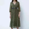 Pois automne hiver longue robe femmes col en v maxi en mousseline de soie robe élégante dames vert vintage robe vestidos 210415