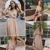 polka dot women wrap dress elegant puff sleeve blue sash party work summer spring retro maxi long 210427