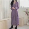 Vår A-Line Lila Print Långtröja Klänning Kvinnor Sexig V Neck Klänningar Kvinna Casual OL Mid-Calf Robe Dot Femme Vestidos 210417