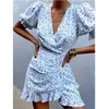 Casual Button Print Floral Jurk Dames Zomer Blauw Korte Mouw V-hals Beach Boho Robe Vestidos 210427