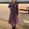 Единас осень зима длинная кожаная оконная пальто Женщины пояс Свободная фиолетовая куртка Корейский стиль модный поворот шеи ветровка 210527